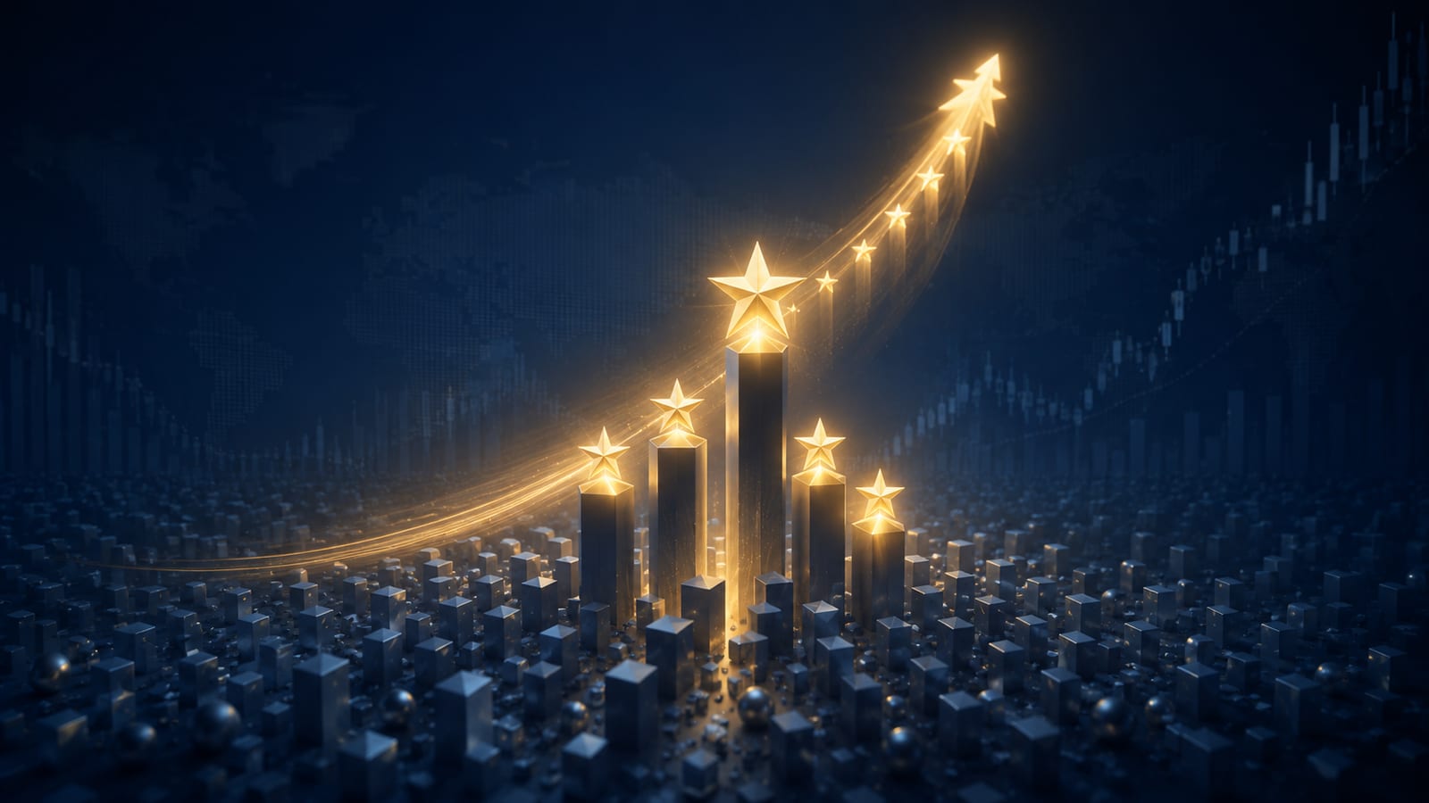 Editorial illustration: a handful of glowing golden star columns rising along an ascending curve above a vast dark field of small gray blocks — the few winners that carry the entire market’s return standing above the many that match cash.
