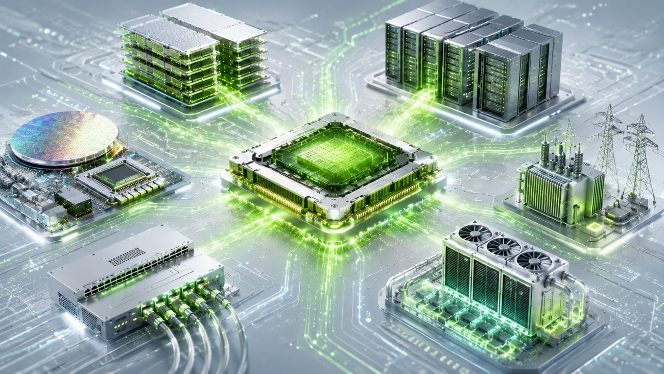 NVIDIA's green logo chip glowing at the centre of a circuit board, surrounded by the AI-infrastructure ecosystem it powers — a silicon wafer, servers, networking, a power substation and liquid cooling — on a light technical background