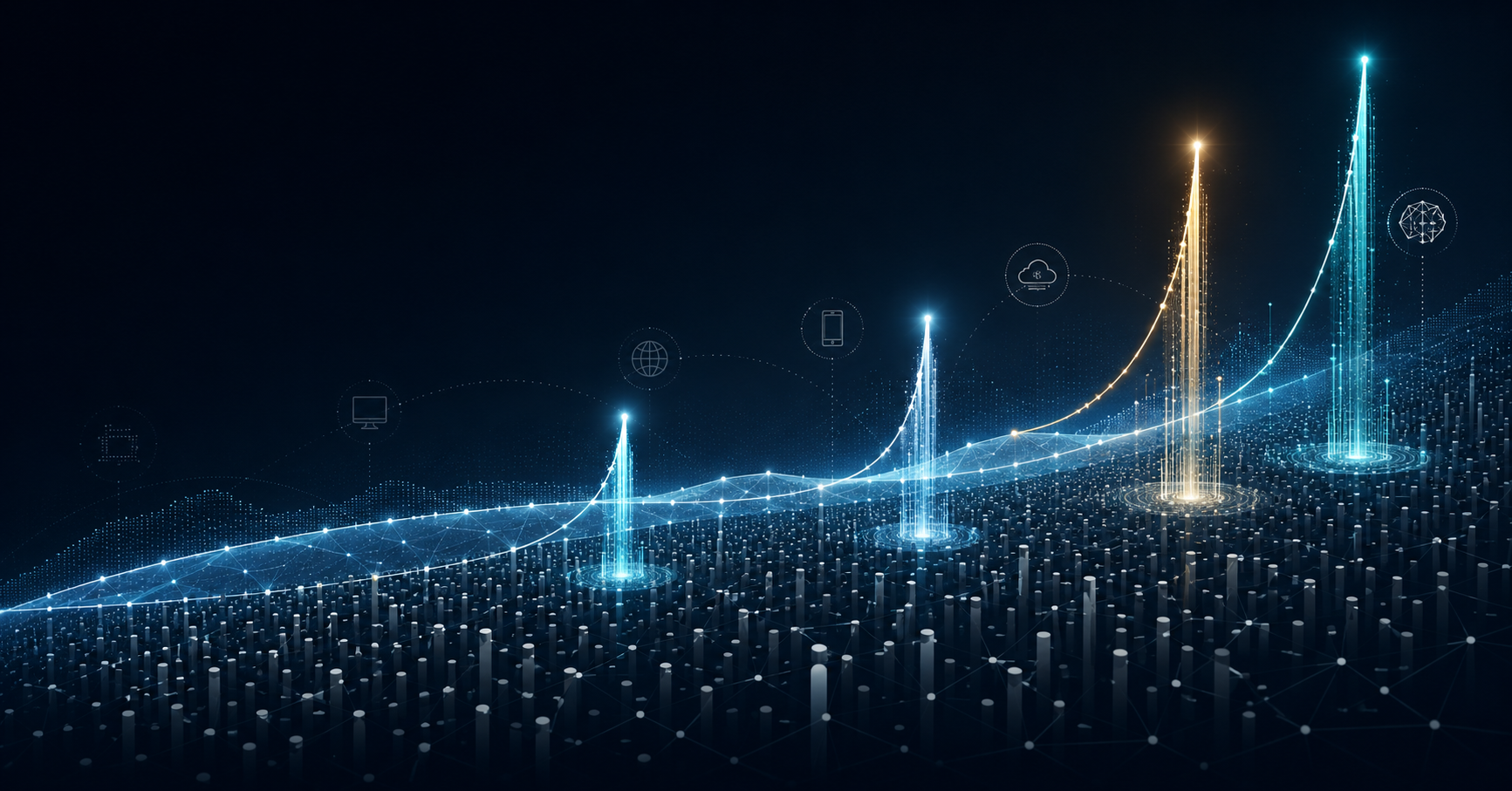 Heresy III cover visualization. A dark, atmospheric data-network landscape with a few towering, brightly-lit growth curves rising above a sea of small dim bars — a visual rendering of the Bessembinder skewness: the tiny minority of firms that produce all the equity wealth, towering above the 97.6% that net to zero. Tech-stack icons (cloud, mobile, AI, global network) connect the peaks. The Closelook Barbell architecture in atmospheric form.