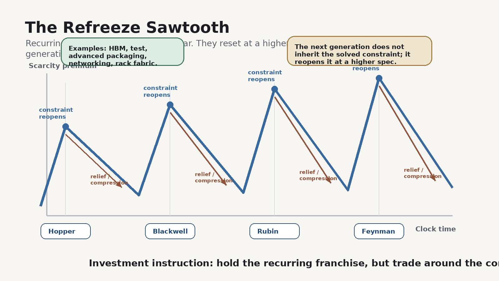 Line chart 'The Refreeze Sawtooth': scarcity premium on the y-axis, clock time on the x-axis marked Hopper, Blackwell, Rubin, Feynman. The premium runs as a sawtooth — each generation the constraint reopens (peak) then relieves and compresses (trough). Examples: HBM, test, advanced packaging, rack fabric. The next generation does not inherit the solved constraint; it reopens it at a higher spec.