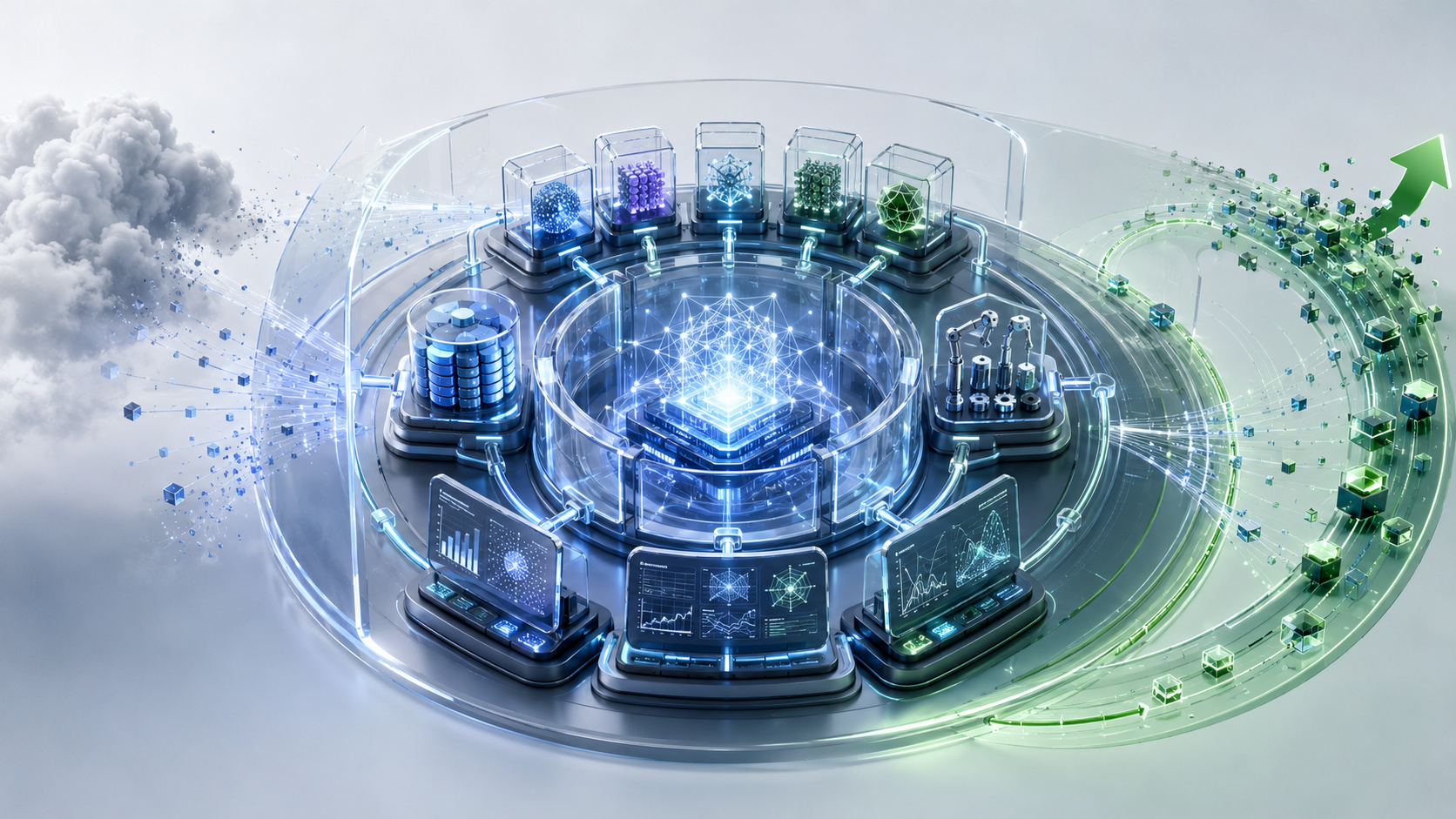 Heresy XI cover art: a glass intelligence factory — a ring of encased AI models around a glowing orchestration core, flanked by a data-and-memory stack, robotic tool arms and evaluation dashboards. Raw cloud data streams in from the left; a refined green value stream with a rising arrow flows out to the right. The enterprise as a system that breeds intelligence: model pool, harness, evals and feedback turning raw models into compounding value.