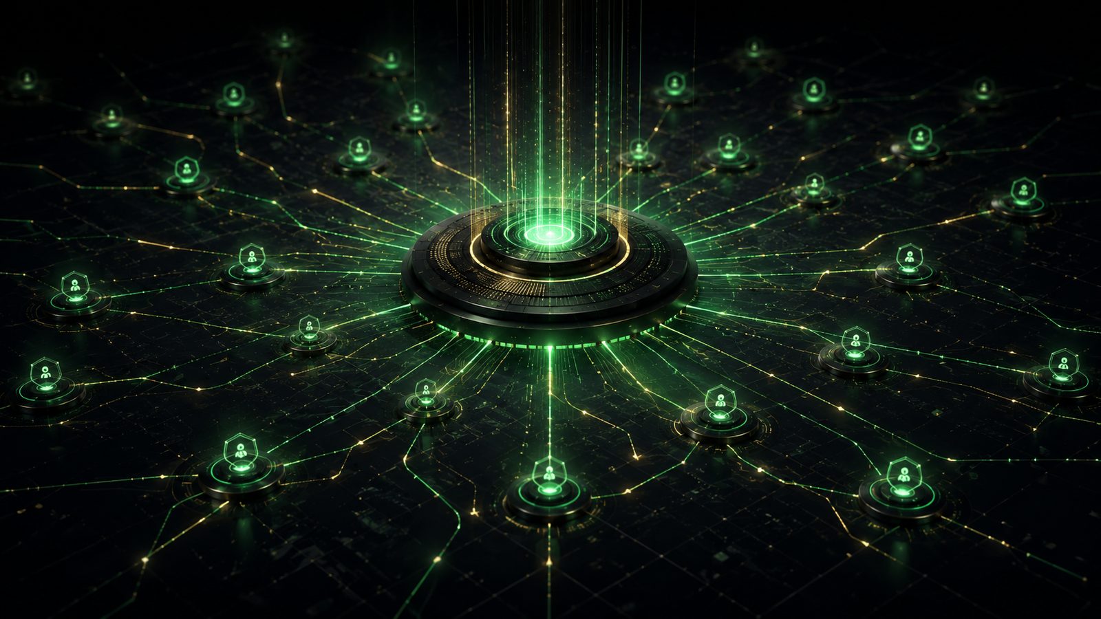 Cover art for agentic application software — a central orchestrator radiating connections to a mesh of autonomous agents.