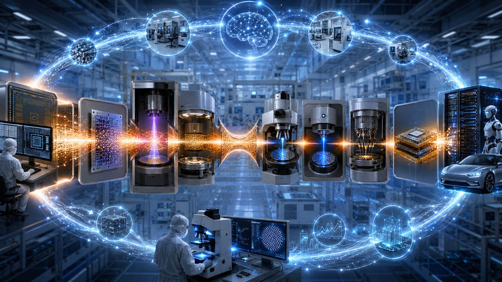 The semiconductor chain as one connected loop — from design workstation through lithography, deposition, metrology and test to systems, robots and vehicles, with the feedback arc closing overhead.