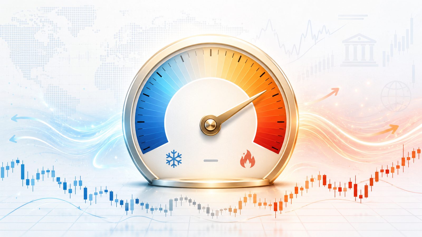 Cover art for Money Temperature — a market heat gauge over a candle grid, hot-to-cold across asset classes.