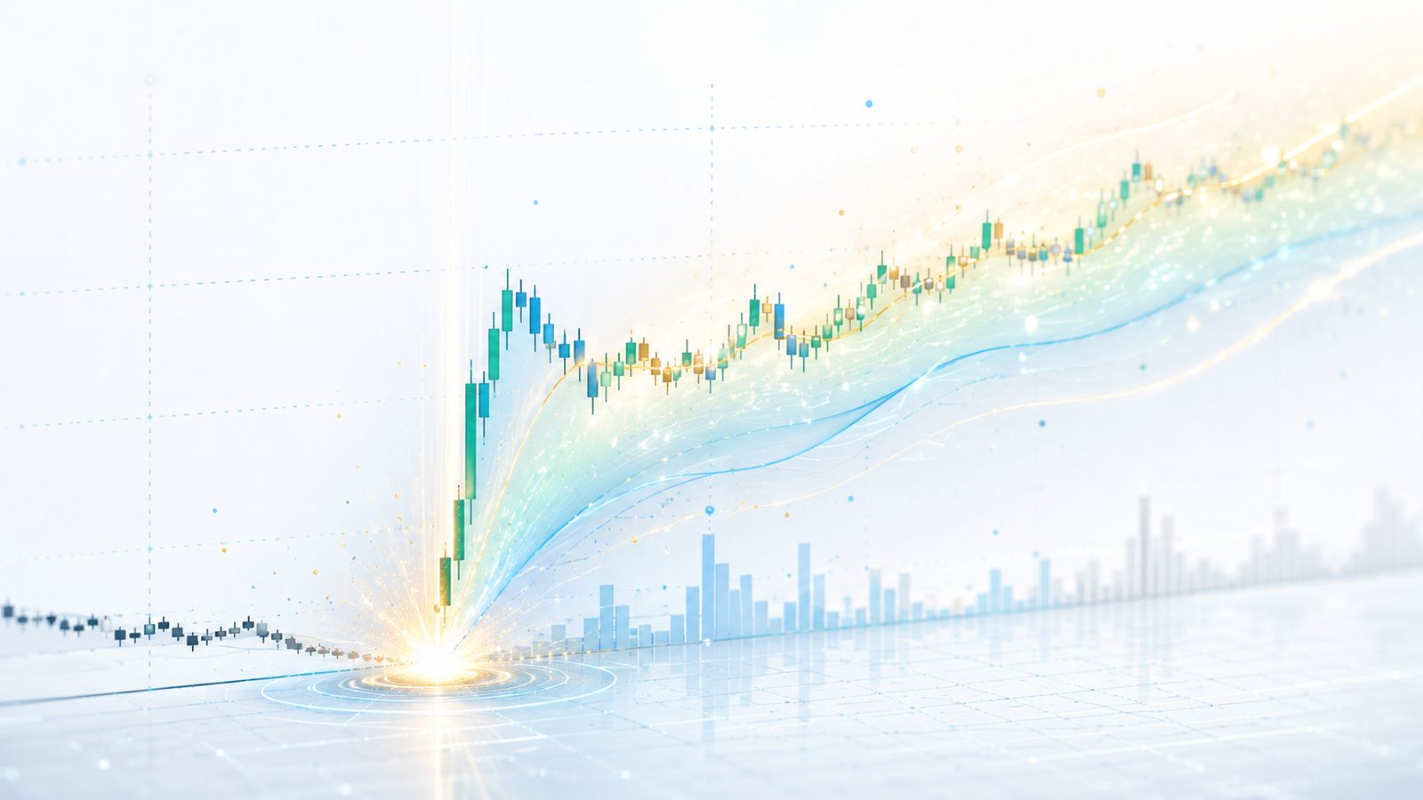 Cover art for post-earnings announcement drift — an earnings candle spike with a long glowing drift trail rising afterward.