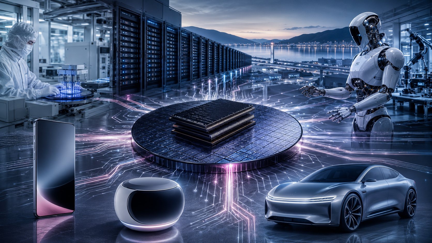 The Breadth Discount cover art — HBM stacks on a wafer at the centre, radiating out to the fab, the server racks, the phone, the car and the robot: one company across every layer of the AI build-out.