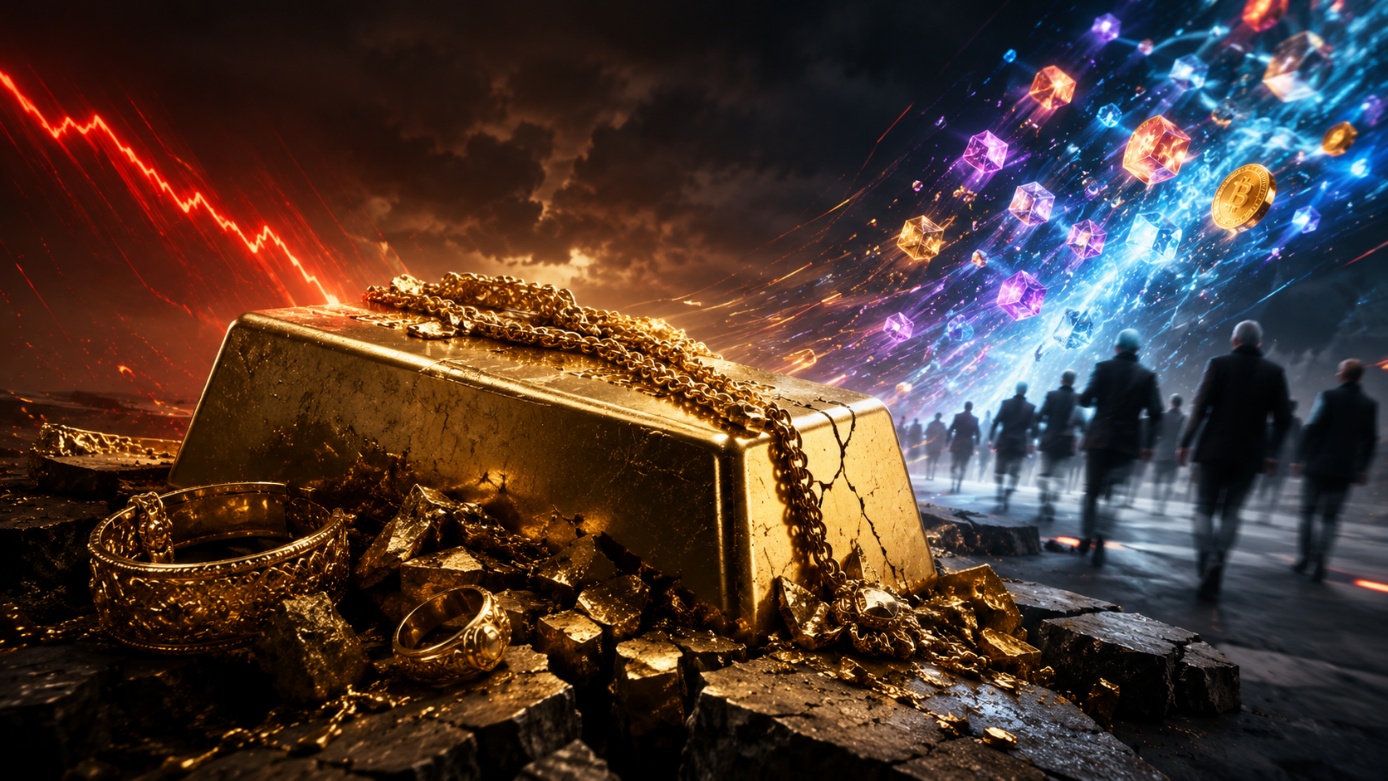 Editorial illustration of a cracked gold bar and discarded jewelry on broken ground, a red downtrend line falling away to the left and a crowd of speculative buyers drifting off to the right past scattered crystal-and-coin shards; gold shifting from defensive hedge to crowded liquidity trade.