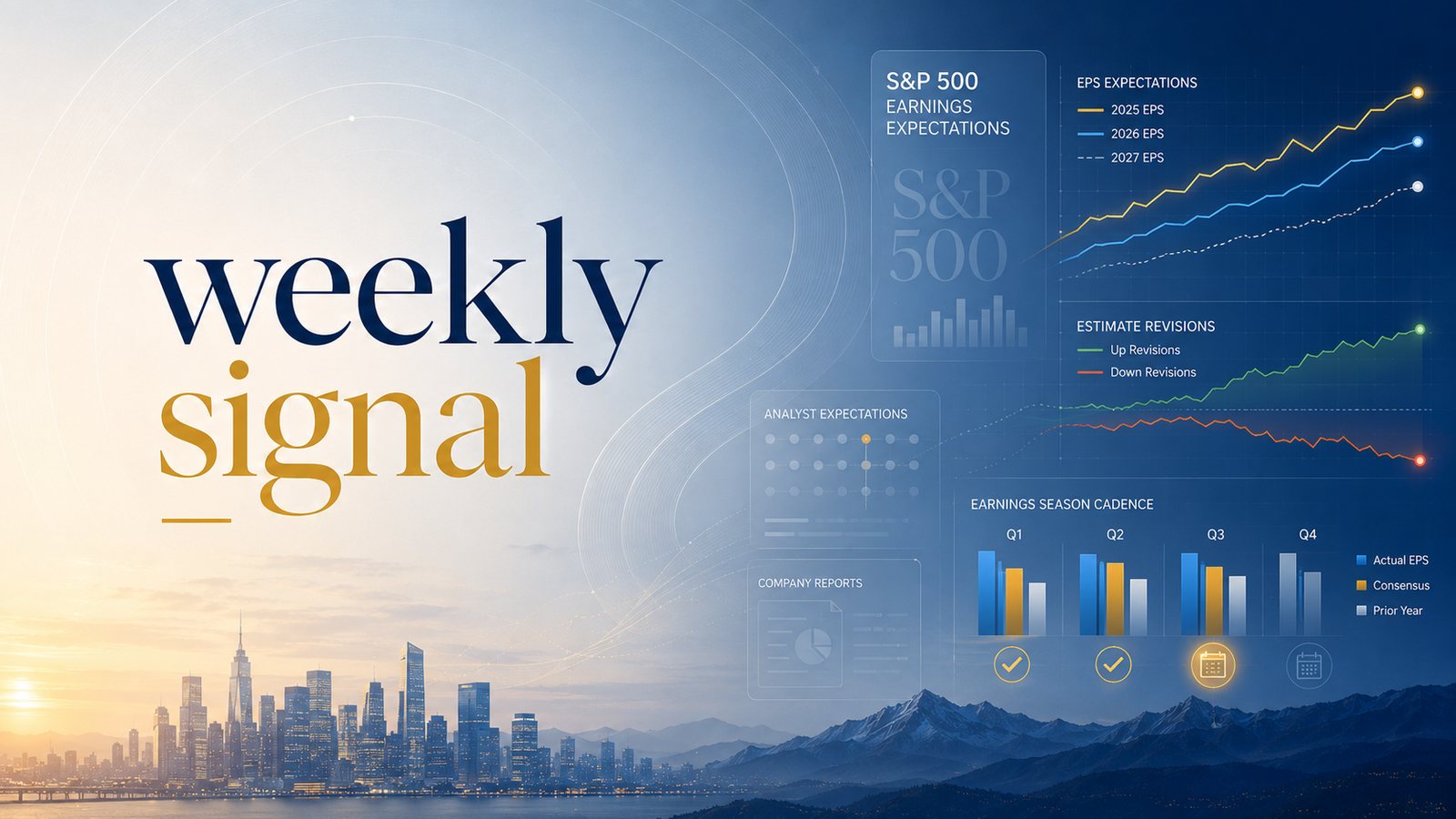 Weekly Signal — S&P 500 earnings expectations: EPS estimate paths, revisions and the earnings season cadence over a dawn skyline