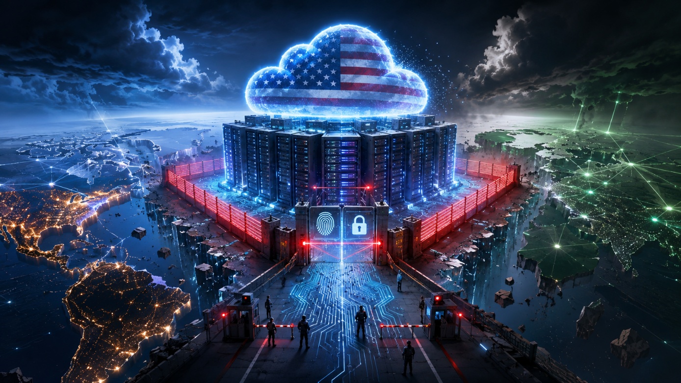 Editorial illustration: a glowing US-flag cloud hovering over a fortified, red-walled data-centre fortress with a fingerprint-and-padlock security gate and armed guard silhouettes, the world map lit around it — US technology walled behind a national-security perimeter.