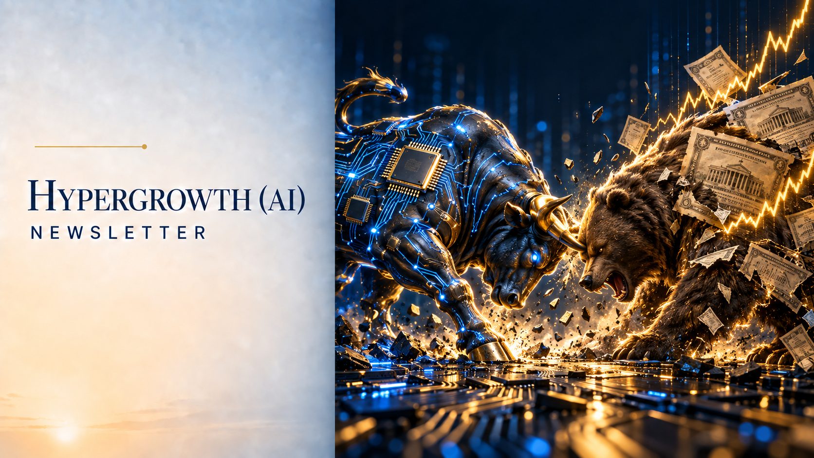 Hypergrowth (AI) Newsletter cover for 27 September 2026 — a chip-circuit bull charging a bear built from Treasury notes on a rising chart; the week the AI designers and platforms ran through a rising bond yield.
