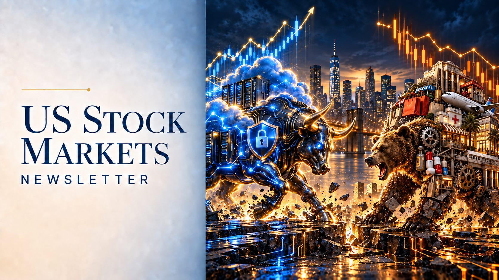 US Stock Markets Newsletter cover for 27 September 2026 — a cloud-and-security bull on a rising chart against a bear built from shops, airlines, pharma and factories on a falling one; the week the largest US companies made new highs and the non-tech market fell to its year low.