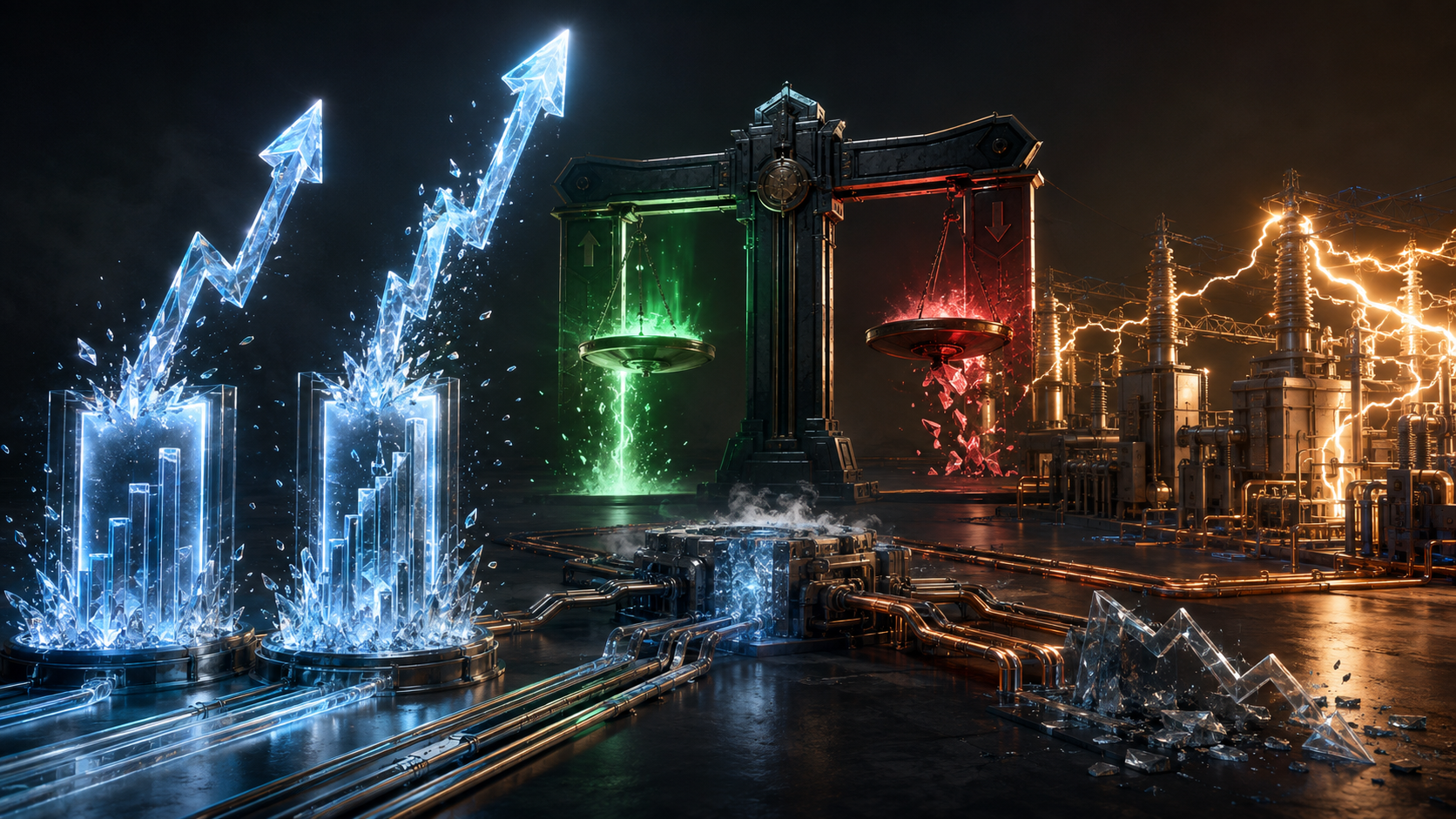 Cover — two crystal bar-charts erupting upward with arrows as a verdict scale pays its green pan and shatters its red one; behind them an electrical substation crackles, and a broken glass downtrend lies in shards on the floor.