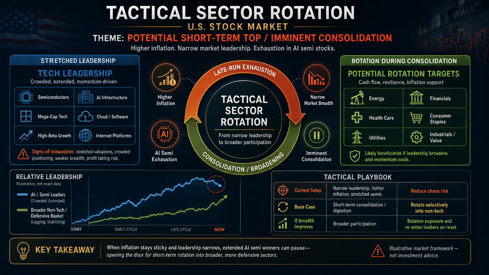 Tactical Sector Rotation infographic — U.S. Stock Market. Theme: potential short-term top / imminent consolidation. Three exhaustion signs (higher inflation, narrow market breadth, AI semi exhaustion) wrap a circular flow from late-run exhaustion through consolidation/broadening into imminent consolidation. Stretched-leadership panel lists Semiconductors, AI Infrastructure, Mega-Cap Tech, Cloud/Software, High-Beta Growth, Internet Platforms. Rotation-target panel lists Energy, Financials, Health Care, Consumer Staples, Utilities, Industrials/Value as likely beneficiaries if leadership broadens. Relative-leadership chart shows AI/Semi leaders extending late-cycle while broader non-tech/defensive basket lags. Tactical playbook: current setup = reduce chase risk; base case = rotate selectively into non-tech; if breadth improves = balance exposure and re-enter leaders on reset. Key takeaway: when inflation stays sticky and leadership narrows, extended AI semi winners can pause — opening the door for short-term rotation into broader, more defensive sectors. Illustrative market framework, not investment advice.