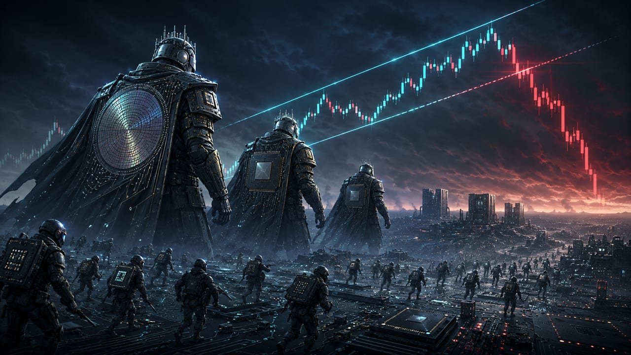 Armored 'generals' turning to follow smaller 'troops' retreating across a dark battlefield city, beneath a candlestick chart that spikes green then collapses red — semiconductor leadership following the second tier lower