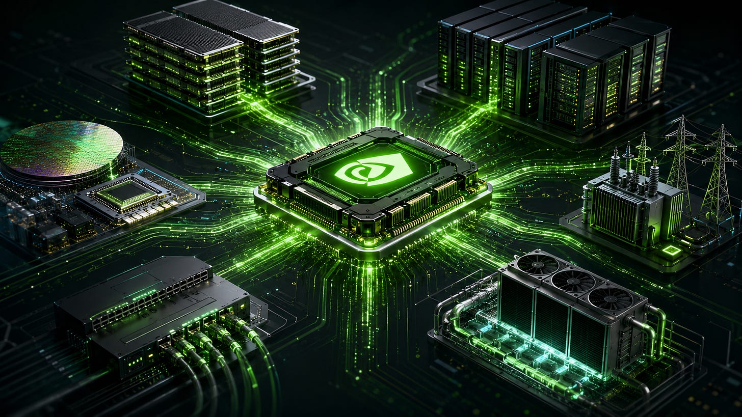 NVIDIA's green logo chip glowing at the centre of a circuit board, surrounded by the AI-infrastructure ecosystem it powers — servers, a silicon wafer, networking, a power substation and liquid cooling — with green data traces radiating outward