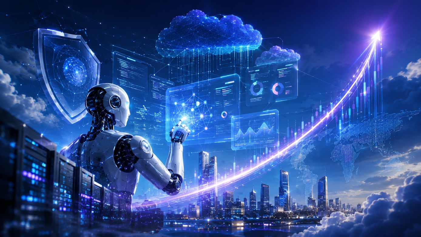 A humanoid AI robot reaching toward a glowing holographic cloud, software dashboards and a rising chart arrow above a night-time city skyline — illustrating the cloud-and-software complex at an inflection point
