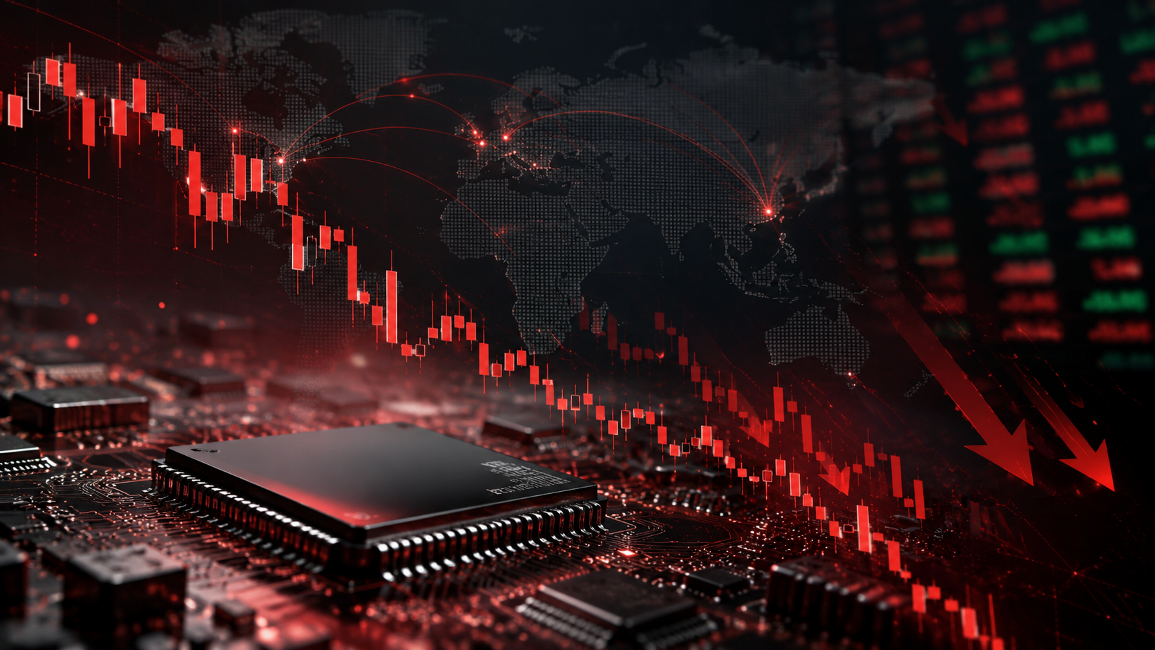 A semiconductor chip on a glowing red circuit board, with a red descending candlestick chart and a downward arrow sweeping across a dark world map — illustrating a semiconductor-led, global risk-off session