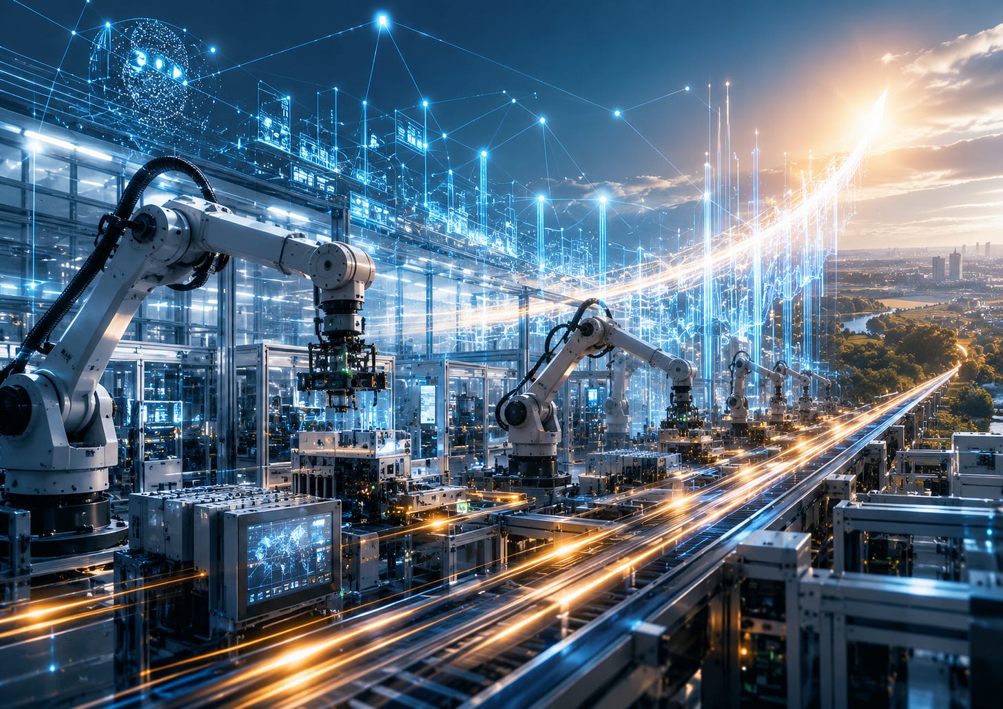 A modern smart factory with white robotic arms on an automated production line, overlaid with a glowing blue digital AI network and a bright data curve sweeping toward a city on the horizon — the physical AI layer where automation meets artificial intelligence