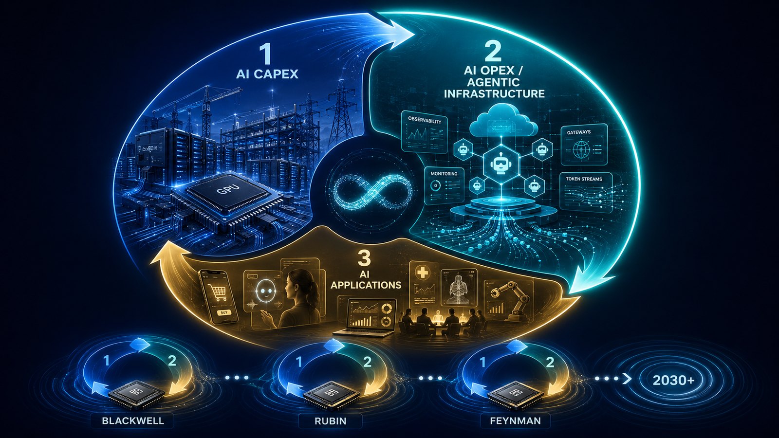 Conceptual diagram of the three-stage AI cycle arranged in a loop: Stage 1 AI Capex (blue, server racks and a GPU), Stage 2 AI Opex / Agentic Infrastructure (teal, cloud and agent-node icons, token streams), and Stage 3 AI Applications (gold, commerce, dashboards and a robotic arm), with an infinity loop at the center; a bottom timeline shows the sequence repeating across NVIDIA generations Blackwell, Rubin and Feynman out to 2030-plus.
