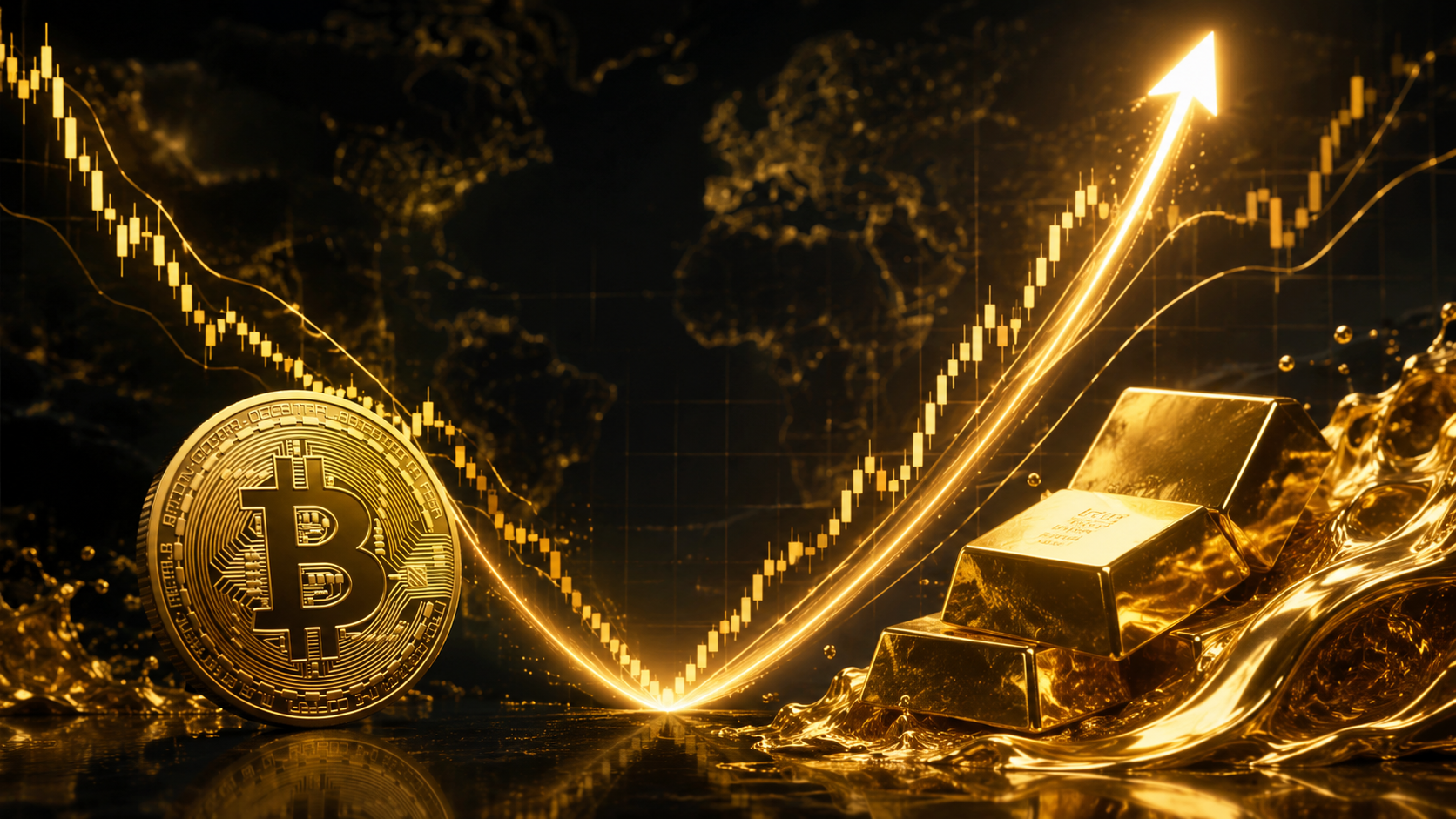 Digital artwork: a golden Bitcoin coin on the left and stacked gold bars on the right, with a V-shaped candlestick chart bottoming in the centre and a bright arrow curving sharply upward — both hedges bouncing off their belief line.