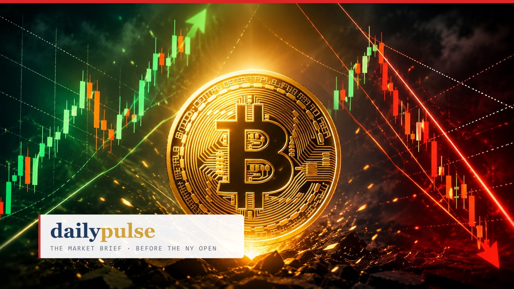 Editorial illustration for the Closelooknet Daily Pulse — Bitcoin balanced on the line that decides its market regime