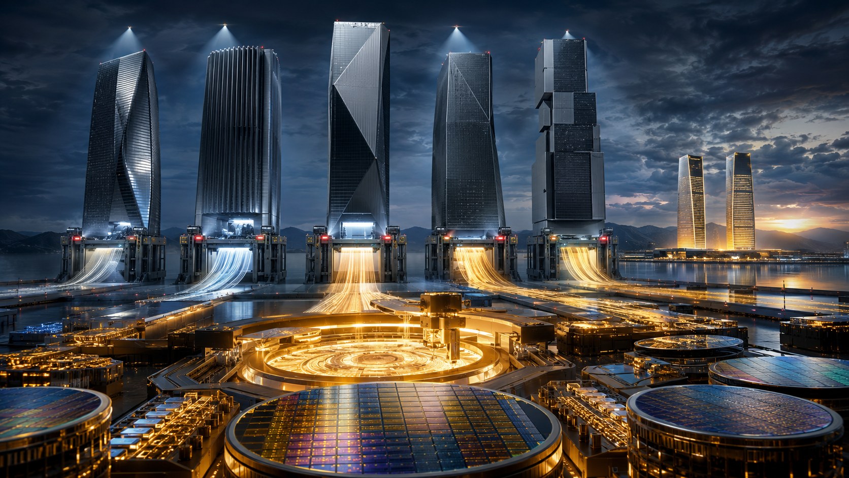 Five of the seven megacaps under a stadium spotlight, the semiconductor index towering behind them — the market grading the AI spenders against the vendors of the spree.