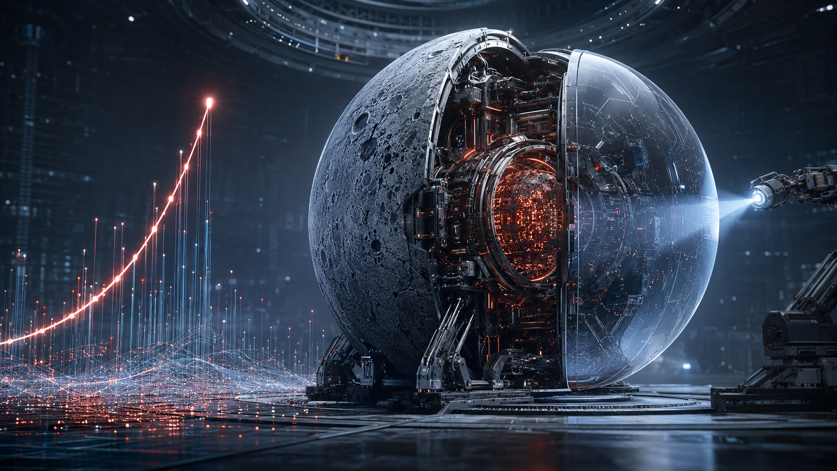 A vast sealed sphere cracked open on a dark industrial floor, its interior revealed as dense glowing machinery while a rising curve of light climbs away to the left - the closed model opened, and the cost of running it still inside.