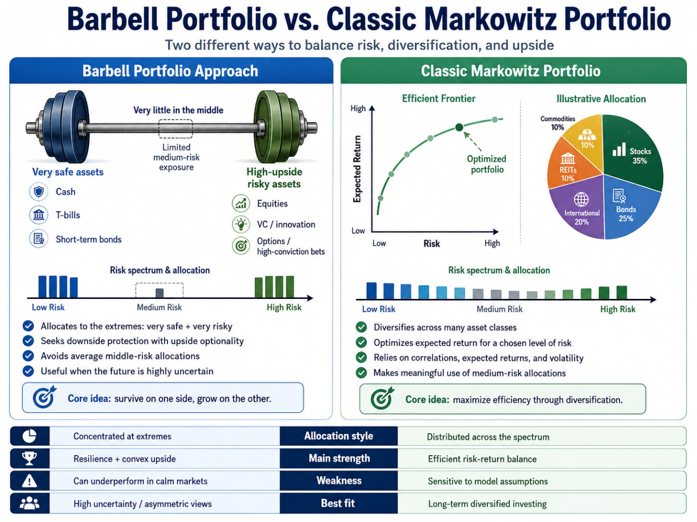 Side-by-side infographic comparing the Barbell Portfolio (concentrated at the extremes — very safe assets paired with high-upside risky bets, very little in the middle) and the Classic Markowitz Portfolio (efficient frontier, diversified across many asset classes with meaningful medium-risk allocations).