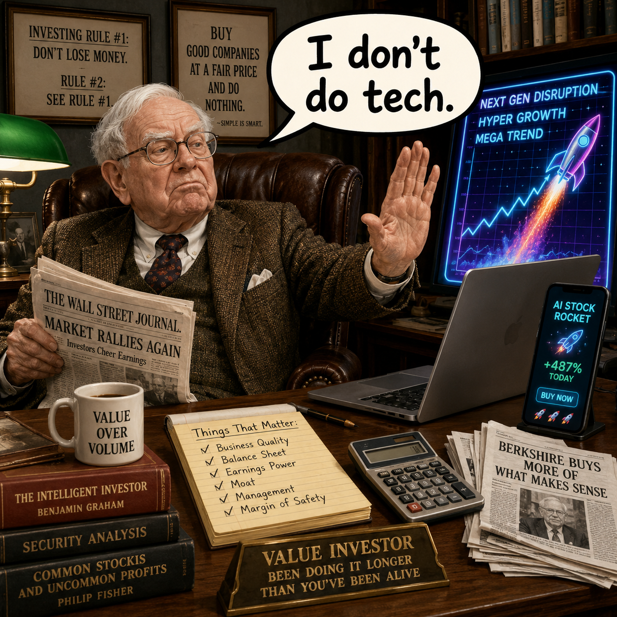 Stylised illustration of an old-school value investor at a wooden desk — Wall Street Journal, calculator, hardback editions of The Intelligent Investor and Security Analysis, a 'Value Over Volume' coffee mug — saying 'I don't do tech.' next to a glowing AI-stock-rocket monitor.