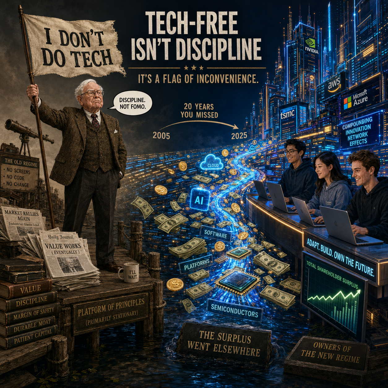 Editorial illustration titled 'TECH-FREE ISN'T DISCIPLINE — IT'S A FLAG OF INCONVENIENCE'. On the left, an old-school value investor stands on a weathered pier holding a flag reading 'I DON'T DO TECH', next to a stack of hardbacks labelled VALUE / DISCIPLINE / MARGIN OF SAFETY / DURABLE MOAT / PATIENT CAPITAL. On the right, three young analysts at a glowing trading desk overlook a futuristic skyline lit by AI / SEMICONDUCTORS / SOFTWARE / PLATFORMS / CLOUD signs and the logos of NVIDIA, AWS, Microsoft Azure, TSMC. A timeline arrow runs from 2005 to 2025 marked '20 YEARS YOU MISSED'.