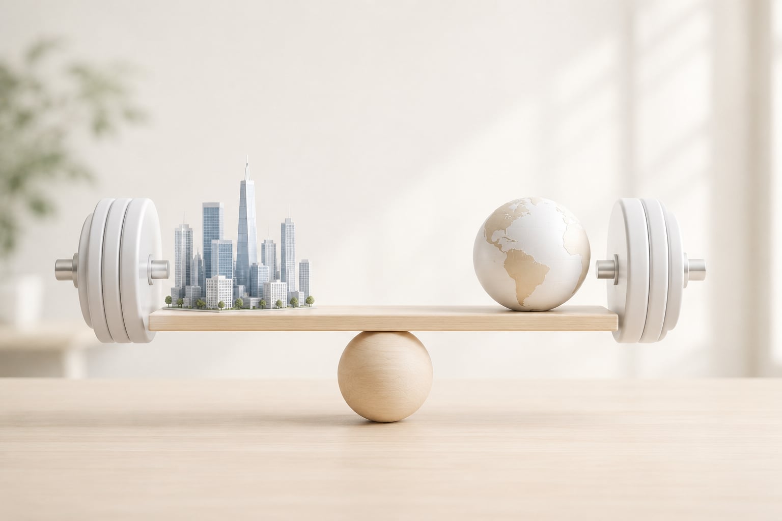 A precision scale balancing two metal disks of different weights — one larger and heavier on the left (representing the 66-75% strategic pole), one smaller but with multiple stacked smaller weights on top (representing the 25-34% tactical pole made of multiple thesis-driven sleeves). The fulcrum between them is bare. Visual metaphor for the sizing discipline: two structurally orthogonal poles with explicit rebalancing rules and zero in the middle.