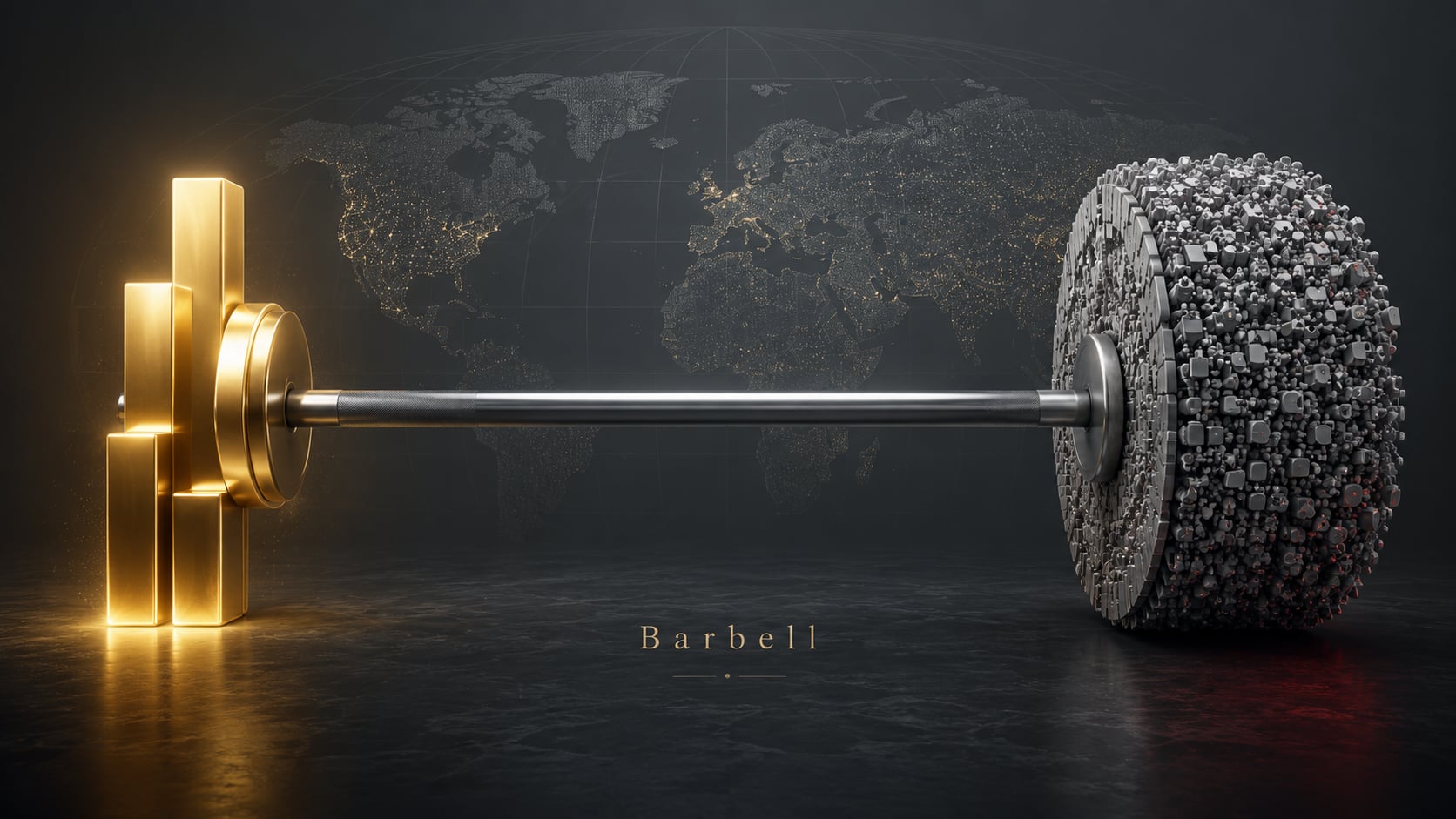 A two-pole barbell — heavy weighted plates on each end, empty thin bar in the middle — laid flat against a dark surface. Visual metaphor for the Closelook Barbell architecture: strategic pole (cap-weighted index) on one end, tactical pole (signal-driven thesis exposure) on the other, zero in the middle by design.
