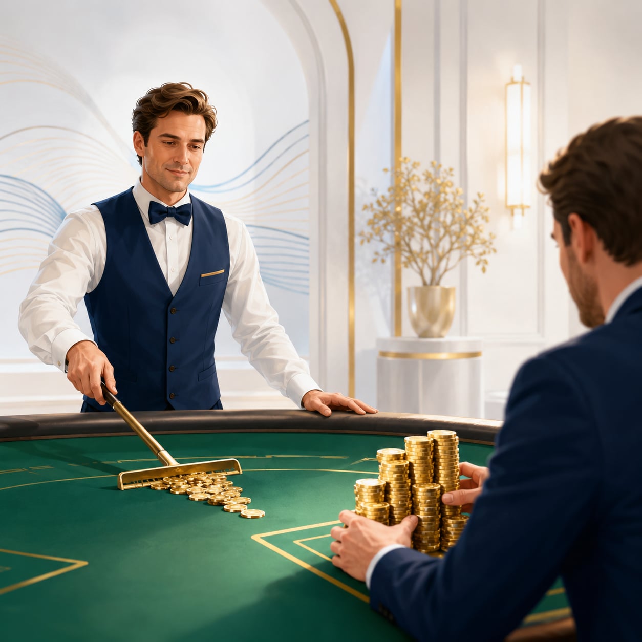 A composed croupier at a worn green baize table, quietly raking a steady stream of small gold chips toward the house, while across the felt an eager player shoves tall stacks onto a single long-shot number. Visual metaphor for the structural edge that accrues to the option seller — many small, patient wins against the occasional crowd-pleasing bet. A composed croupier at a worn green baize table, quietly raking a steady stream of small gold chips toward the house, while across the felt an eager player shoves tall stacks onto a single long-shot number. Visual metaphor for the structural edge that accrues to the option seller — many small, patient wins against the occasional crowd-pleasing bet.