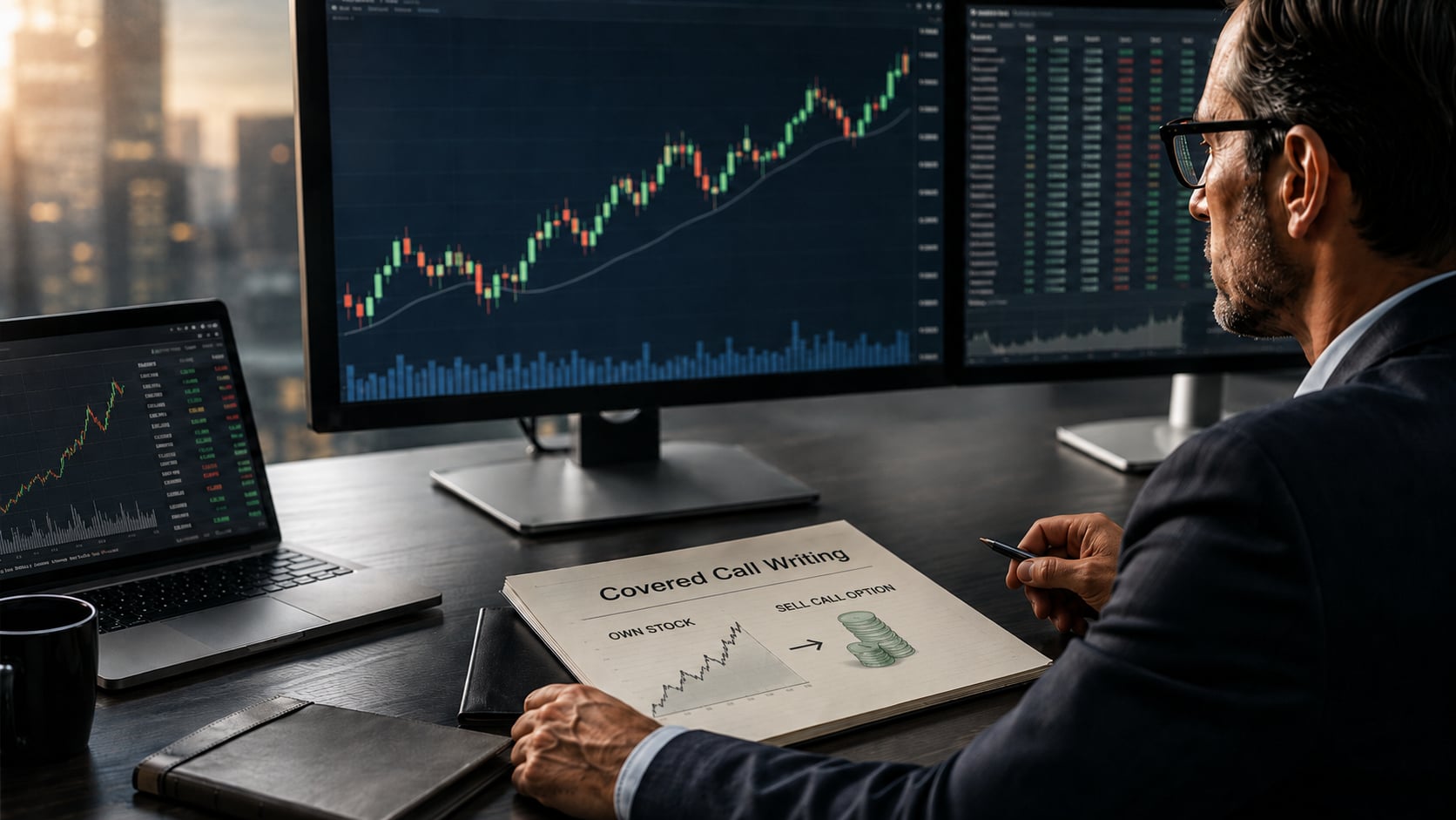 Active trader at a multi-monitor desk reviewing candlestick charts, with a handwritten 'Covered Call Writing' worksheet — OWN STOCK, SELL CALL OPTION — annotated in front of him.