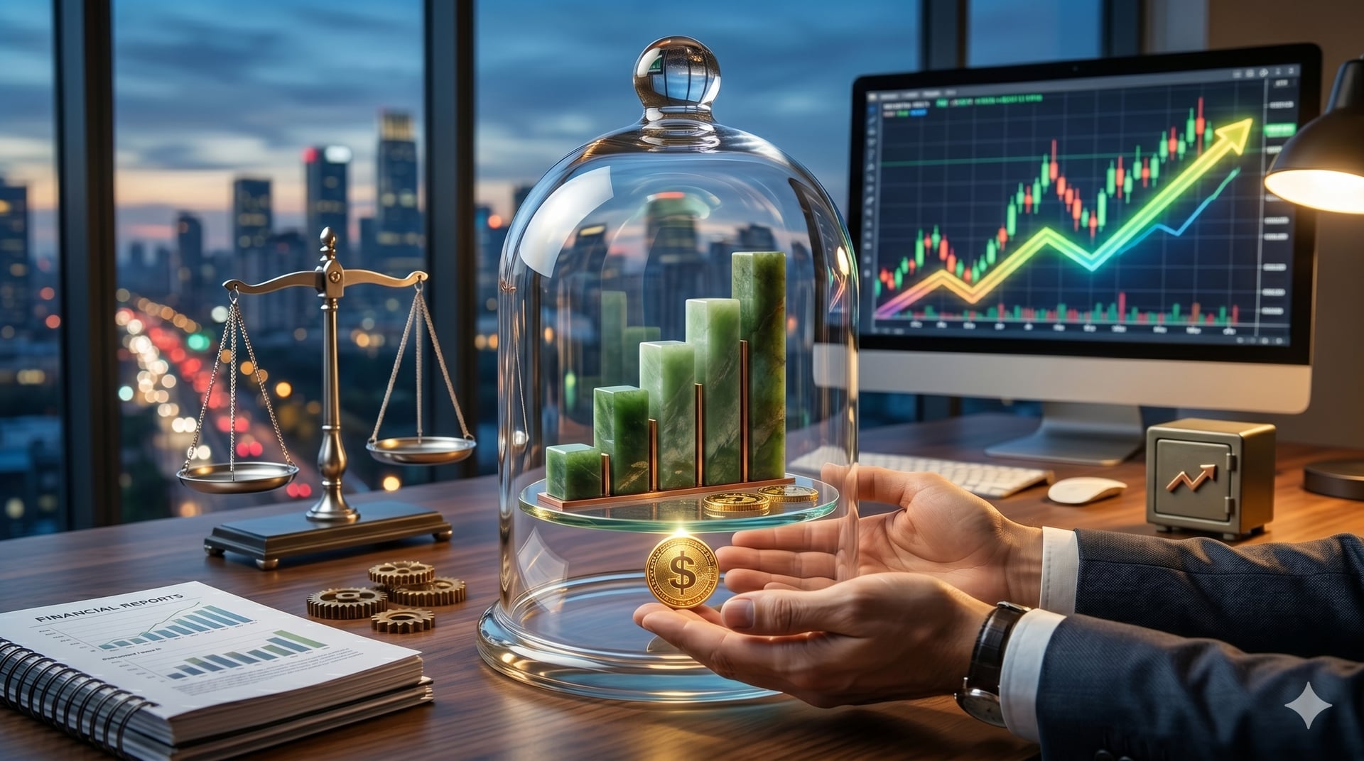 Green ascending bar chart preserved under a glass cloche, gold coin held in hand, brass scales and an uptrend candlestick chart on a screen behind — visual metaphor for protected, slow-grinding income.