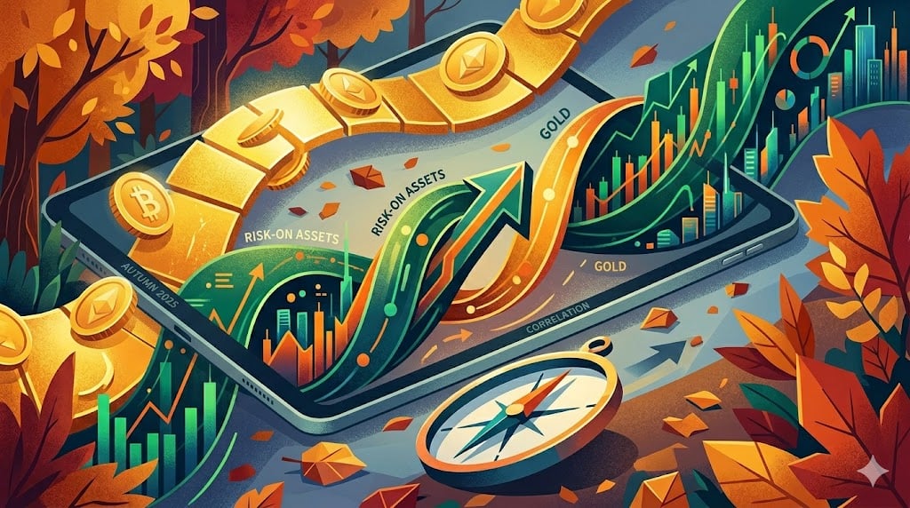 Stylized illustration of gold and risk-on assets moving together — gold and crypto coins, green upward arrows labelled “risk-on assets” and “gold” over candlestick charts, a compass and the word “correlation”, in an autumn-2025 setting.