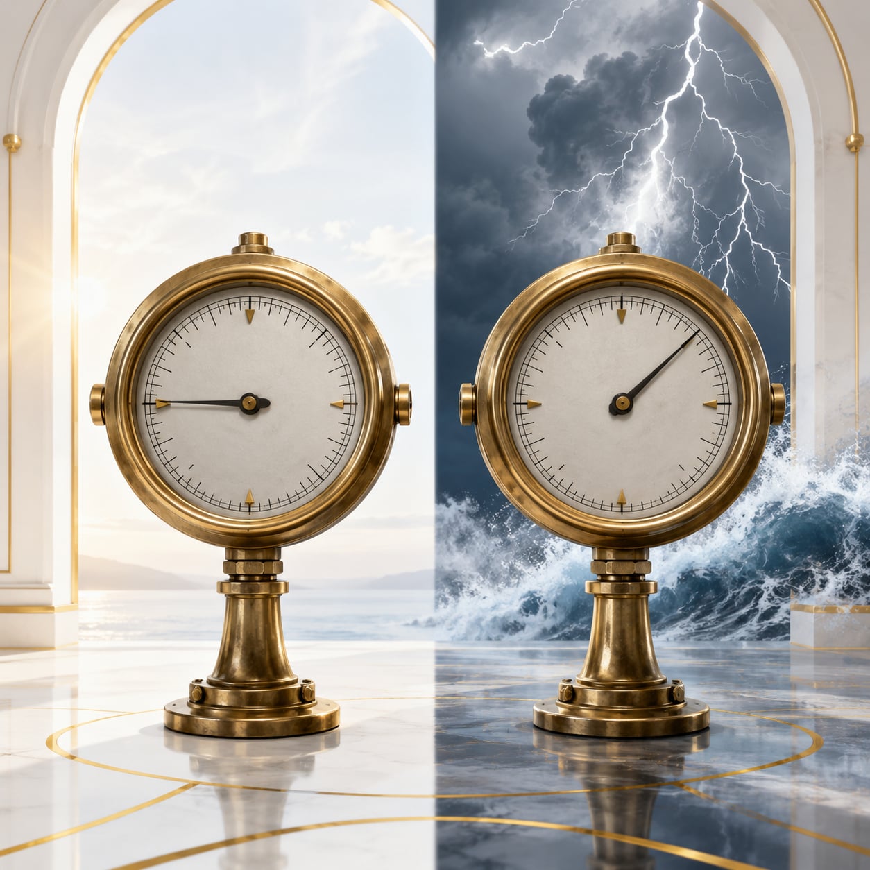Two ornate brass instrument gauges on pedestals under a marble arch. The left gauge stands against a calm bright seascape; the right gauge stands against a black thunderstorm with a lightning bolt and crashing waves. Same dials, opposite weather behind them — visual metaphor for the Greeks reading calmly on Apple and lethally on Nebius.