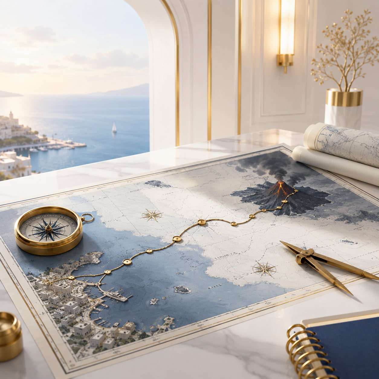 A nautical chart spread across a white marble desk in soft daylight, looking out an arched window onto a sunlit Mediterranean harbour with a sailboat. A brass compass sits on the chart's left edge; brass dividers on the right. A gold-beaded route runs from the harbour town on the chart across open water to a smoking volcanic island. Visual metaphor for routing a strategy from calm names to violent ones.