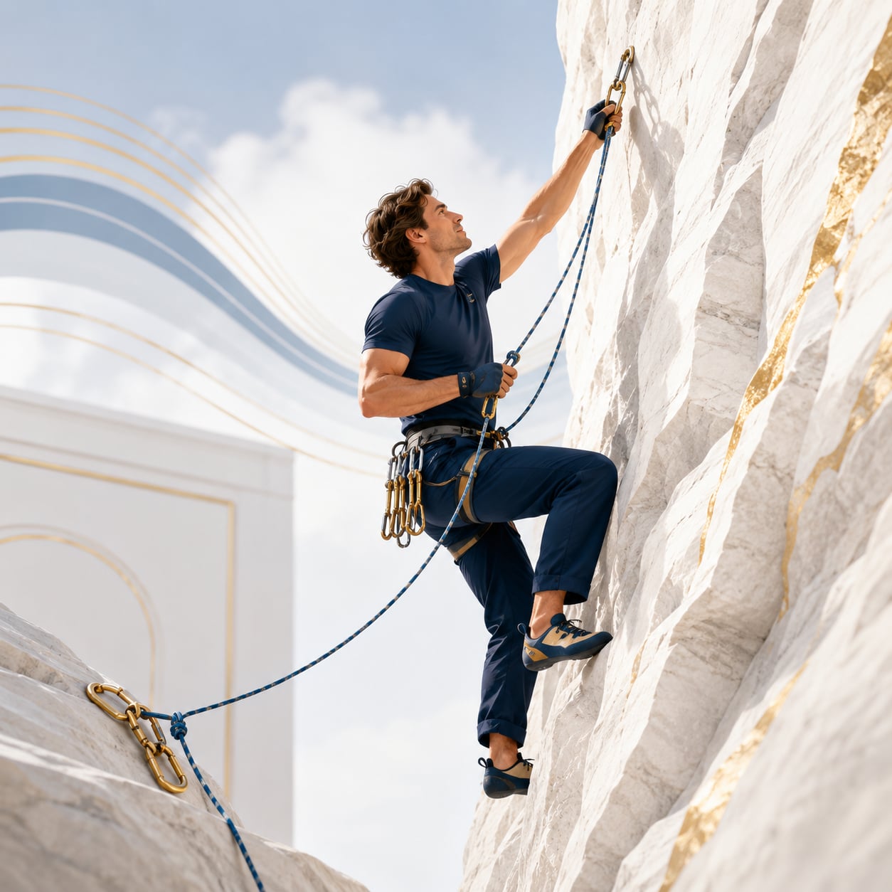 A rock climber roped to a sheer cliff face, calmly reaching up to set a fresh anchor higher on the wall while still secured to the one below — mid-move, never detached, gaining height. Cool alpine light, a sense of controlled, deliberate progress upward rather than retreat. A rock climber roped to a sheer cliff face, calmly reaching up to set a fresh anchor higher on the wall while still secured to the one below — mid-move, never detached, gaining height. Cool alpine light, a sense of controlled, deliberate progress upward rather than retreat.