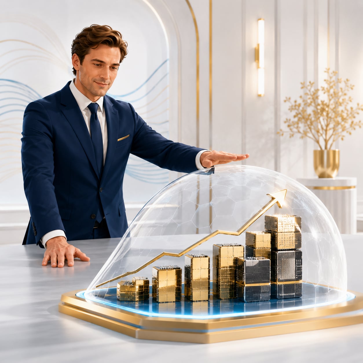 A man in a navy suit gestures protectively over a model bar chart of gold and graphite blocks under a clear glass dome, a gold uptrend arrow rising through the bars beneath the dome — visual metaphor for capping a rally with a sold call rather than selling the underlying.