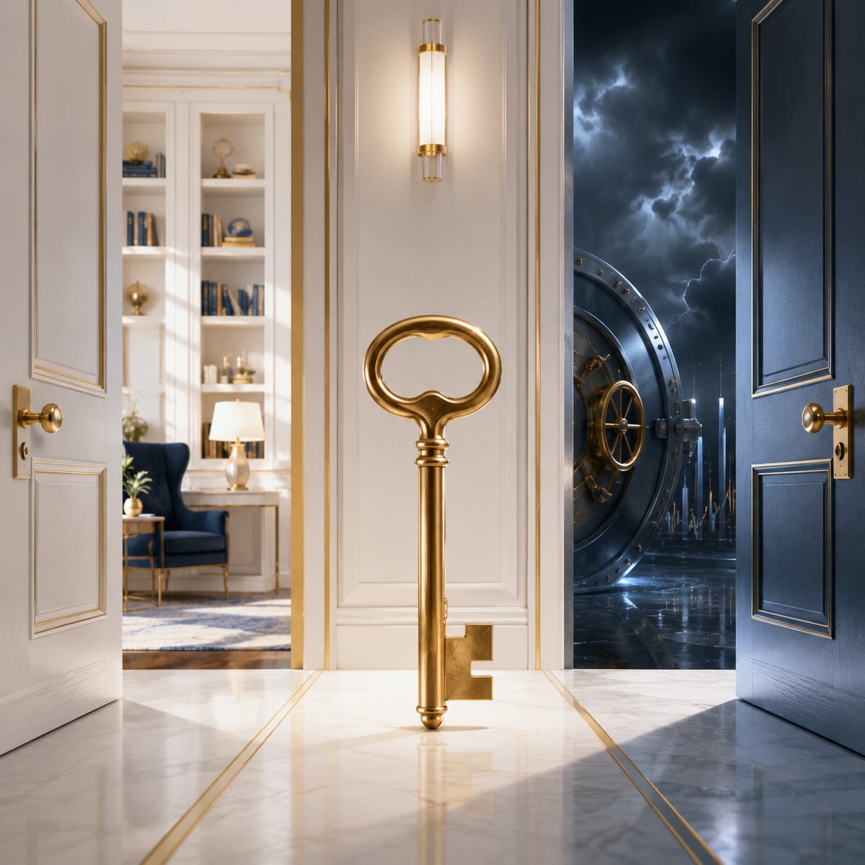 A tall brass key standing upright on a polished marble floor between two doorways — on the left, an open door into a calm panelled study with a navy reading chair; on the right, a door onto a storm-lit corridor leading to a vault. Visual metaphor for one sold put that fits both decisions — willing to own the underlying, or only willing to harvest premium.