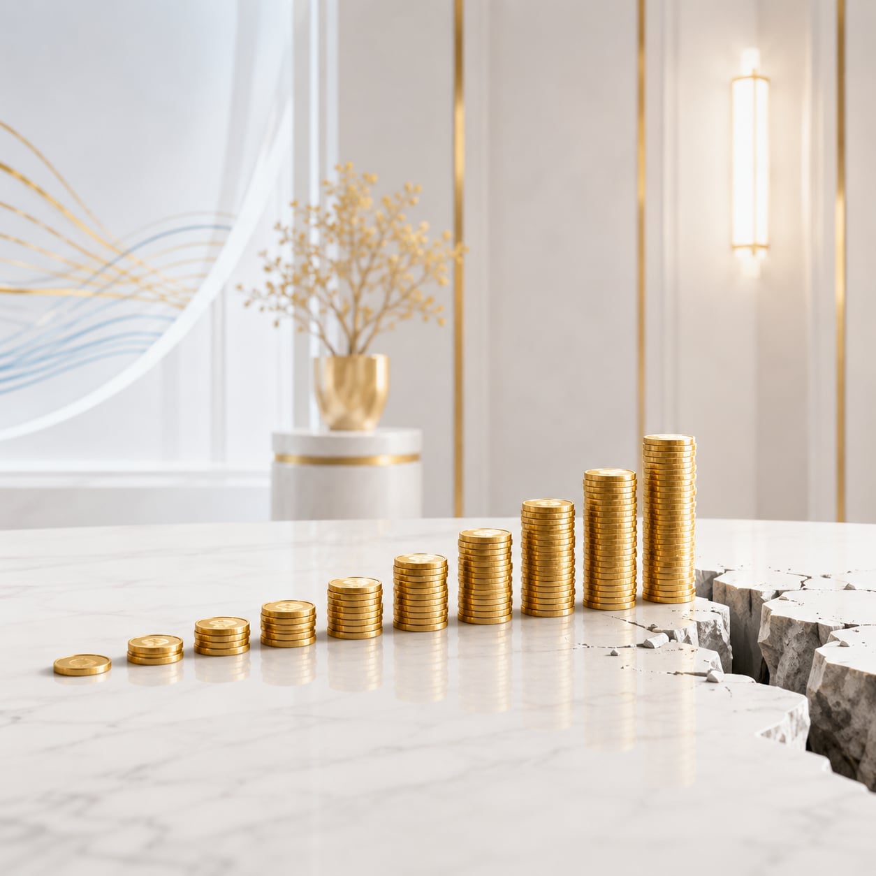 A row of gold-coin stacks ascending in height across a white marble surface — small flat single coin on the left, growing to ten tall stacks on the right — ending abruptly at a deep crack splitting the marble away. Visual metaphor for the seller's curve: many small steady wins, then a sudden cliff.